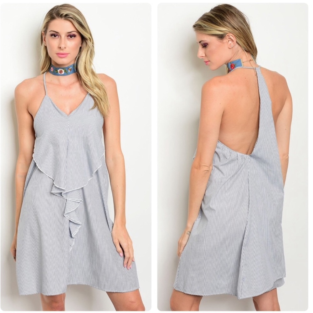 Striped Blue & White Racer Ruffle Mini Dress - Picture 2 of 2